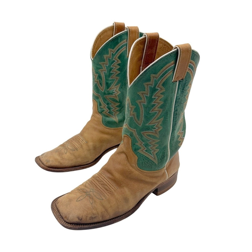 Justin Bent Rail Kenedy Womens 10B Green Tan Leather Western Cowgirl Boots USA